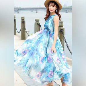 Sundance Crepe 100% Silk Midi Dress Watercolored Pastels Flowy Dress Size M